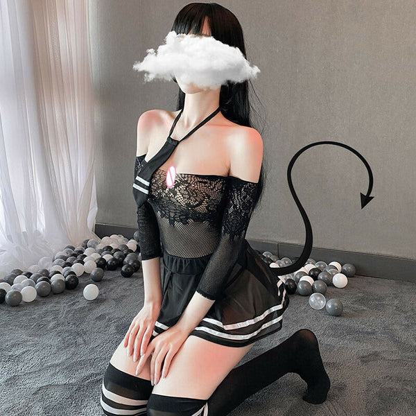 Attractive Women Sexy Lingerie Student Uniform Cosplay Underwear Lace Hollow Dress Set