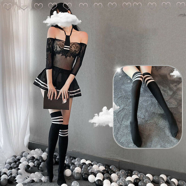 Attractive Women Sexy Lingerie Student Uniform Cosplay Underwear Lace Hollow Dress Set