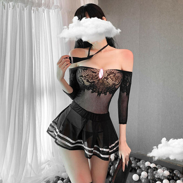Attractive Women Sexy Lingerie Student Uniform Cosplay Underwear Lace Hollow Dress Set