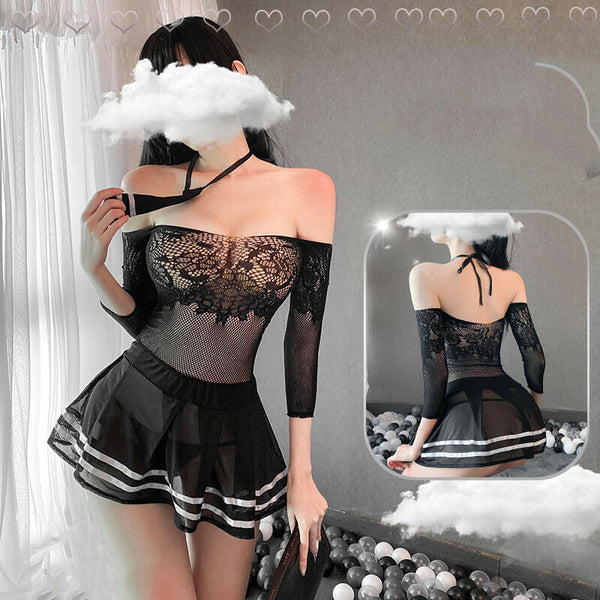 Attractive Women Sexy Lingerie Student Uniform Cosplay Underwear Lace Hollow Dress Set