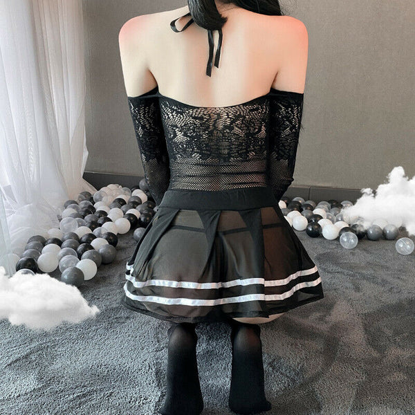 Attractive Women Sexy Lingerie Student Uniform Cosplay Underwear Lace Hollow Dress Set