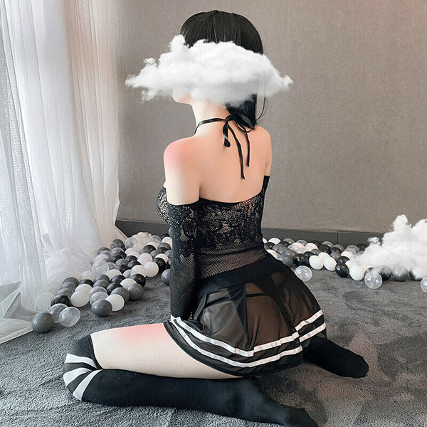 Attractive Women Sexy Lingerie Student Uniform Cosplay Underwear Lace Hollow Dress Set