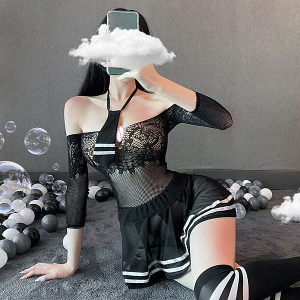 Attractive Women Sexy Lingerie Student Uniform Cosplay Underwear Lace Hollow Dress Set