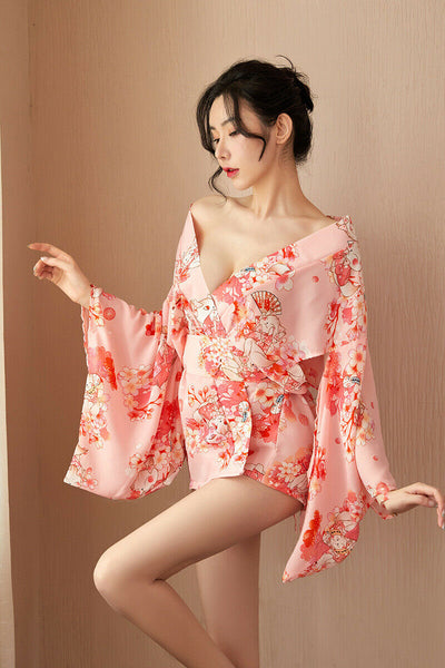 Women Pink Japanese Kimono Bathrobe Sexy Pajamas Silk Underwear Sleepwear