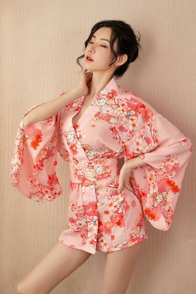 Women Pink Japanese Kimono Bathrobe Sexy Pajamas Silk Underwear Sleepwear