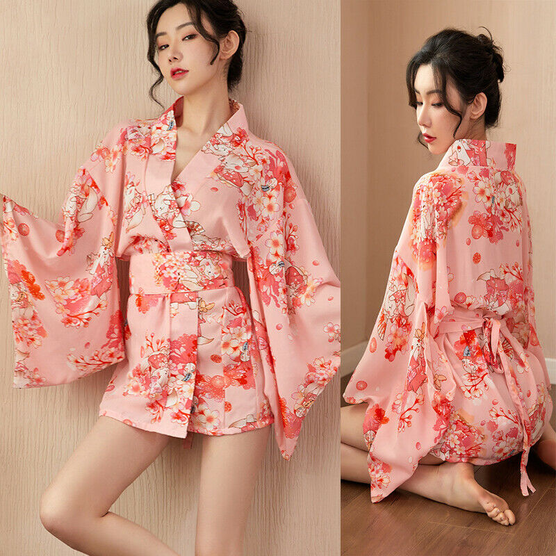 Women Pink Japanese Kimono Bathrobe Sexy Pajamas Silk Underwear Sleepwear