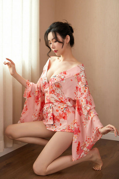 Women Pink Japanese Kimono Bathrobe Sexy Pajamas Silk Underwear Sleepwear