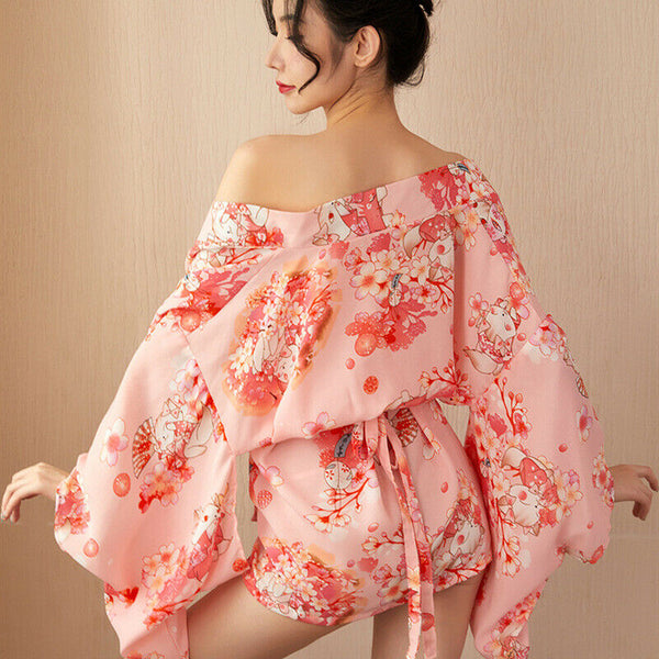Women Pink Japanese Kimono Bathrobe Sexy Pajamas Silk Underwear Sleepwear