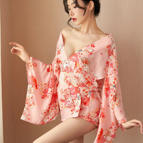 Women Pink Japanese Kimono Bathrobe Sexy Pajamas Silk Underwear Sleepwear