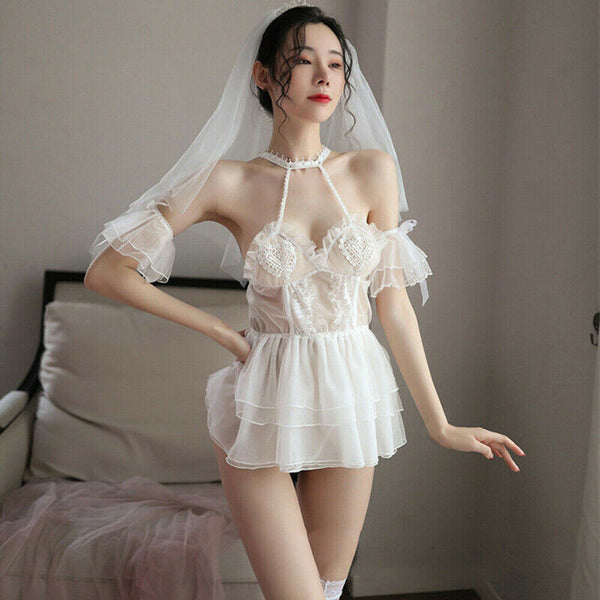 Sexy White Lingerie Women Bride Fancy Costume Outfit Babydoll Sleepwear Set