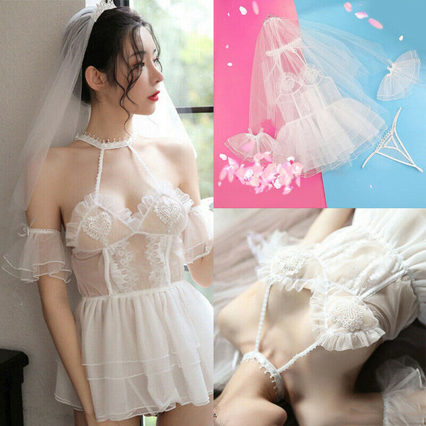 Sexy White Lingerie Women Bride Fancy Costume Outfit Babydoll Sleepwear Set