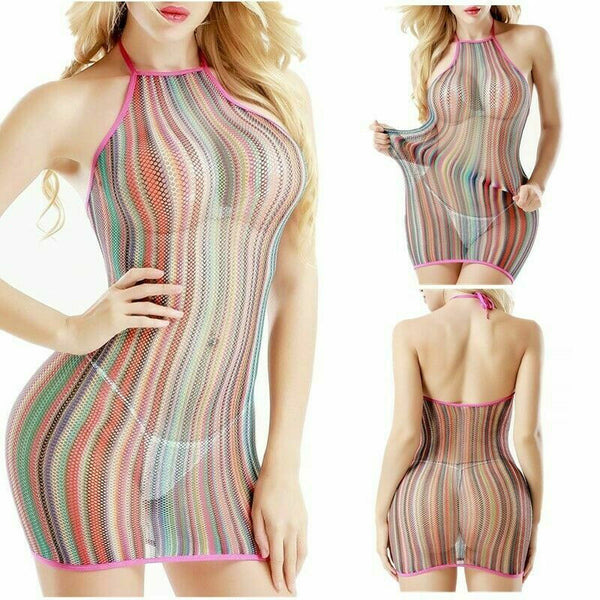 Charm Women Sexy Lover Colorful Mini Dress Fishnet See Through Lingerie Sleepwear