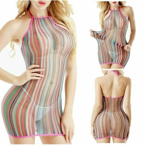 Charm Women Sexy Lover Colorful Mini Dress Fishnet See Through Lingerie Sleepwear