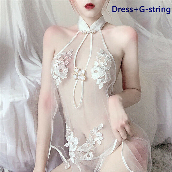 Sexy See Through Chinese Cheongsam Qipao Backless Lingerie Dress G-string Set