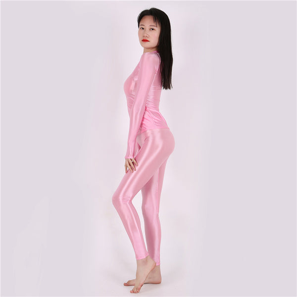 Women Smooth Shiny Sport Gym Yoga Outfit Long Sleeve Top Leggings
