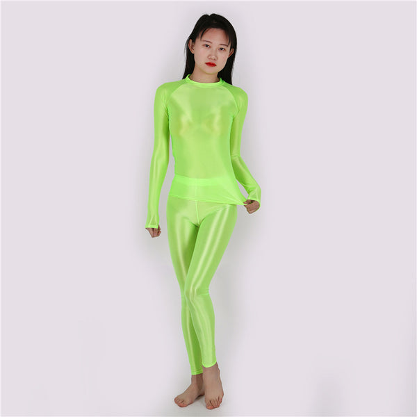 Women Smooth Shiny Sport Gym Yoga Outfit Long Sleeve Top Leggings