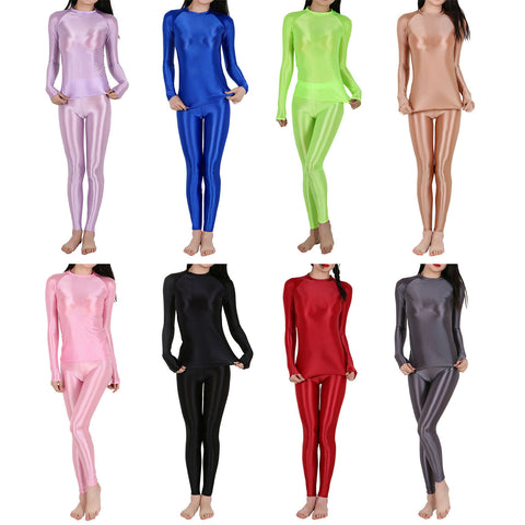 Women Smooth Shiny Sport Gym Yoga Outfit Long Sleeve Top Leggings