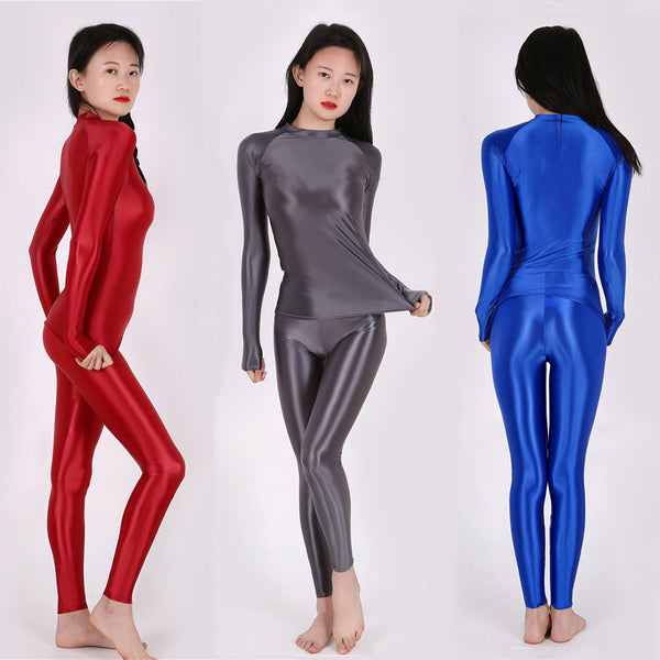 Women Smooth Shiny Sport Gym Yoga Outfit Long Sleeve Top Leggings