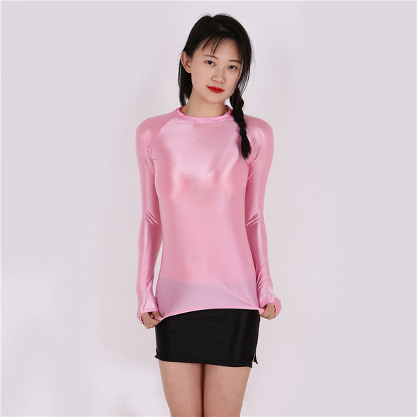 3X Women Smooth Shiny stretchy Sport Gym Yoga Outfit Long Sleeve Shirt Topwear