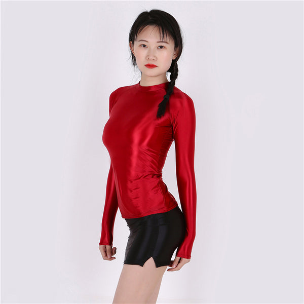 3X Women Smooth Shiny stretchy Sport Gym Yoga Outfit Long Sleeve Shirt Topwear