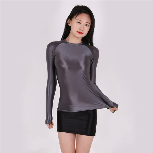 3X Women Smooth Shiny stretchy Sport Gym Yoga Outfit Long Sleeve Shirt Topwear