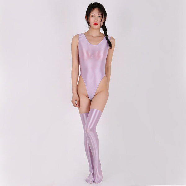 Women Sexy Sheer Glossy High Cut Sleeveless Bodysuit Swimwear Jumpsuit Stockings