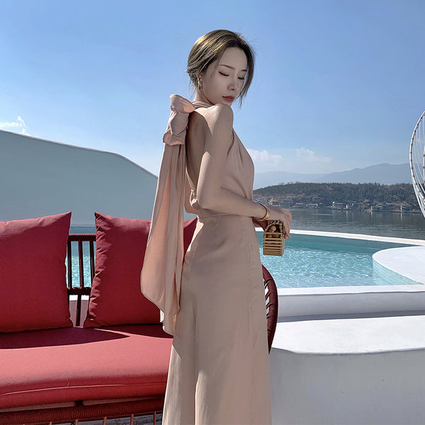 Summer Leisure V-neck High Waisted halter neck open-back One Piece Jumpsuit