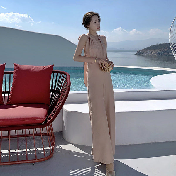 Summer Leisure V-neck High Waisted halter neck open-back One Piece Jumpsuit