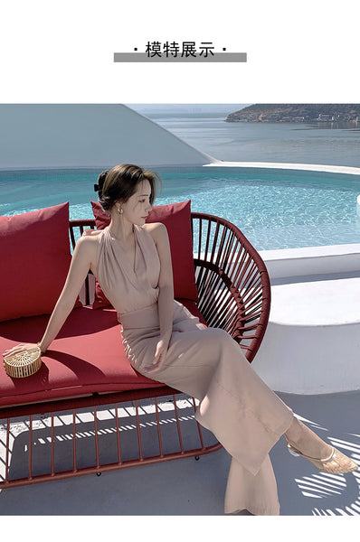 Summer Leisure V-neck High Waisted halter neck open-back One Piece Jumpsuit