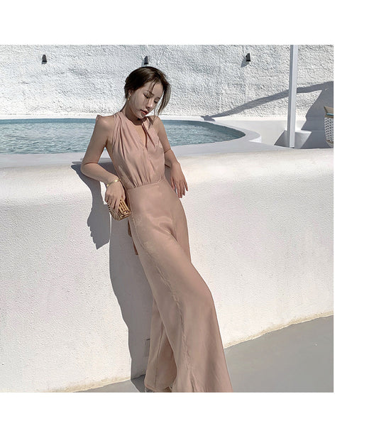 Summer Leisure V-neck High Waisted halter neck open-back One Piece Jumpsuit
