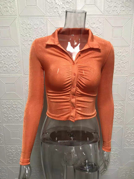 Women Sexy Pleated Navel Cardigan Lapel Collar Breasted long-sleeved Shirt