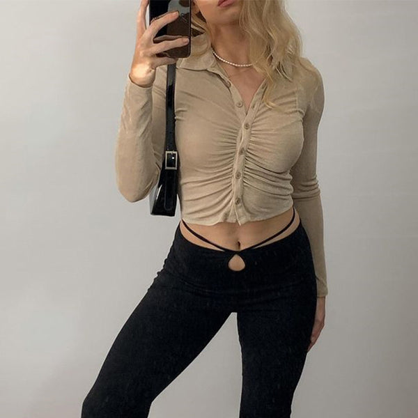 Women Sexy Pleated Navel Cardigan Lapel Collar Breasted long-sleeved Shirt