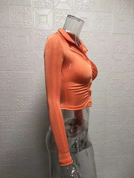 Women Sexy Pleated Navel Cardigan Lapel Collar Breasted long-sleeved Shirt