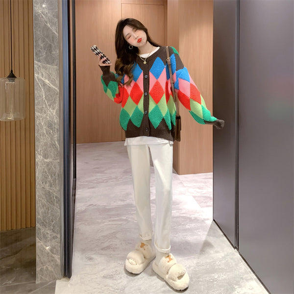 Versatile Fashion Rainbow Knit Cardigan Women Rhombus Logo Sweater Jacket
