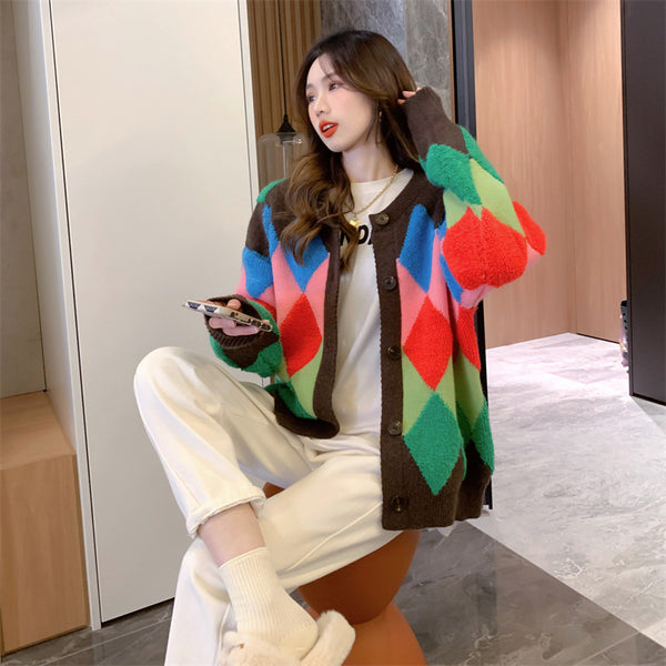 Versatile Fashion Rainbow Knit Cardigan Women Rhombus Logo Sweater Jacket