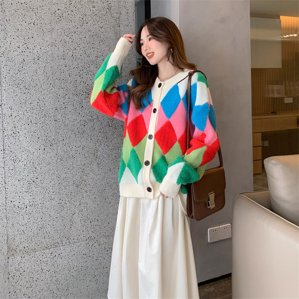 Versatile Fashion Rainbow Knit Cardigan Women Rhombus Logo Sweater Jacket