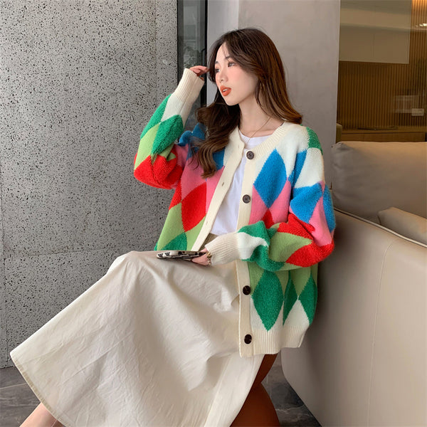 Versatile Fashion Rainbow Knit Cardigan Women Rhombus Logo Sweater Jacket