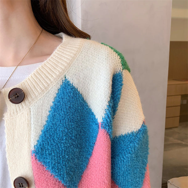 Versatile Fashion Rainbow Knit Cardigan Women Rhombus Logo Sweater Jacket