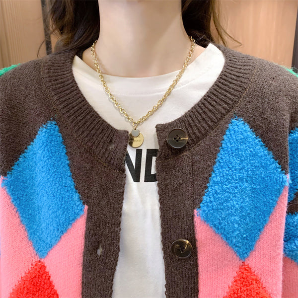 Versatile Fashion Rainbow Knit Cardigan Women Rhombus Logo Sweater Jacket
