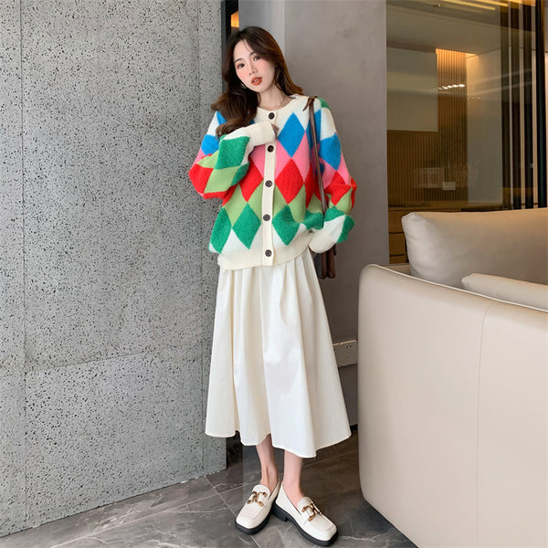 Versatile Fashion Rainbow Knit Cardigan Women Rhombus Logo Sweater Jacket