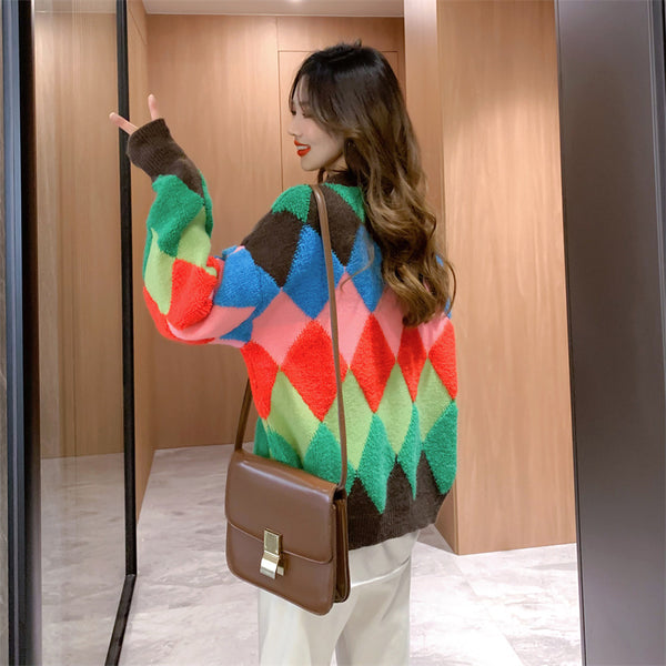 Versatile Fashion Rainbow Knit Cardigan Women Rhombus Logo Sweater Jacket