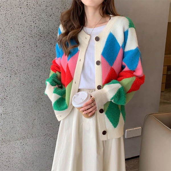 Versatile Fashion Rainbow Knit Cardigan Women Rhombus Logo Sweater Jacket