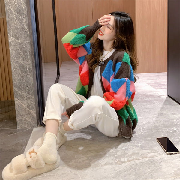 Versatile Fashion Rainbow Knit Cardigan Women Rhombus Logo Sweater Jacket