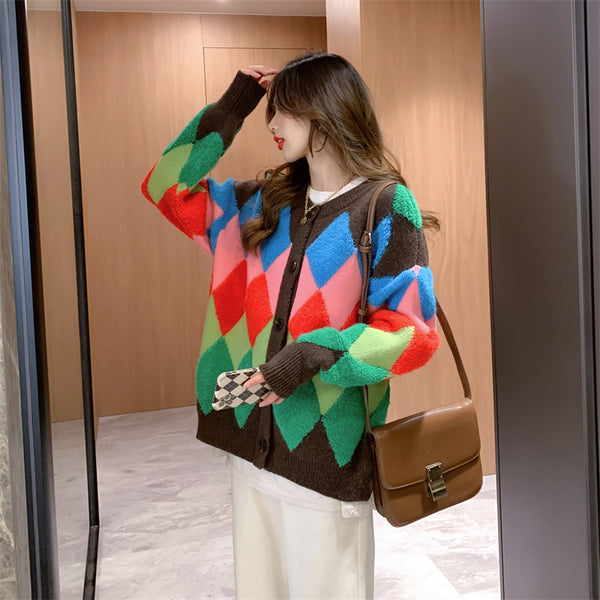 Versatile Fashion Rainbow Knit Cardigan Women Rhombus Logo Sweater Jacket