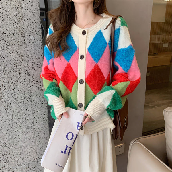 Versatile Fashion Rainbow Knit Cardigan Women Rhombus Logo Sweater Jacket