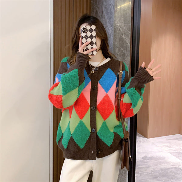 Versatile Fashion Rainbow Knit Cardigan Women Rhombus Logo Sweater Jacket