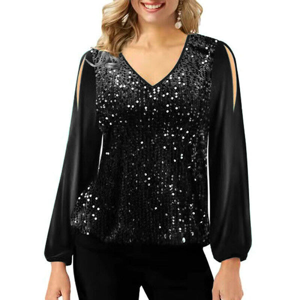 Sequin Patchwork V Neck Pullover Shoulder Lantern Sleeve T-Shirt Tops Blouse
