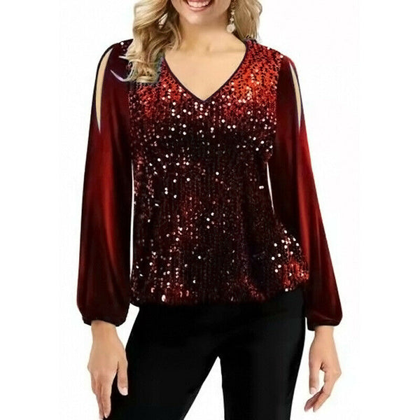 Sequin Patchwork V Neck Pullover Shoulder Lantern Sleeve T-Shirt Tops Blouse