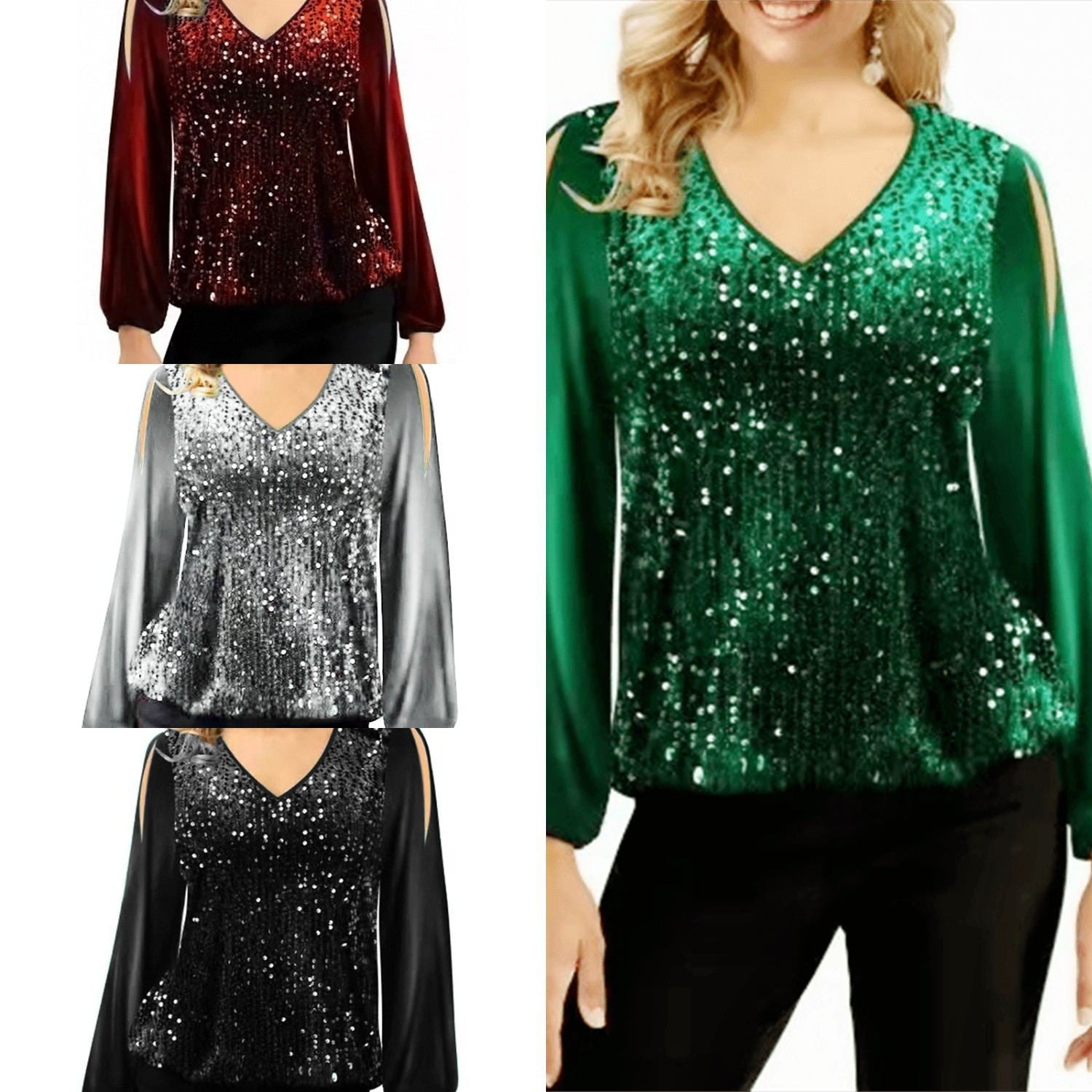Sequin Patchwork V Neck Pullover Shoulder Lantern Sleeve T-Shirt Tops Blouse