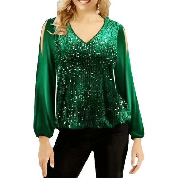 Sequin Patchwork V Neck Pullover Shoulder Lantern Sleeve T-Shirt Tops Blouse
